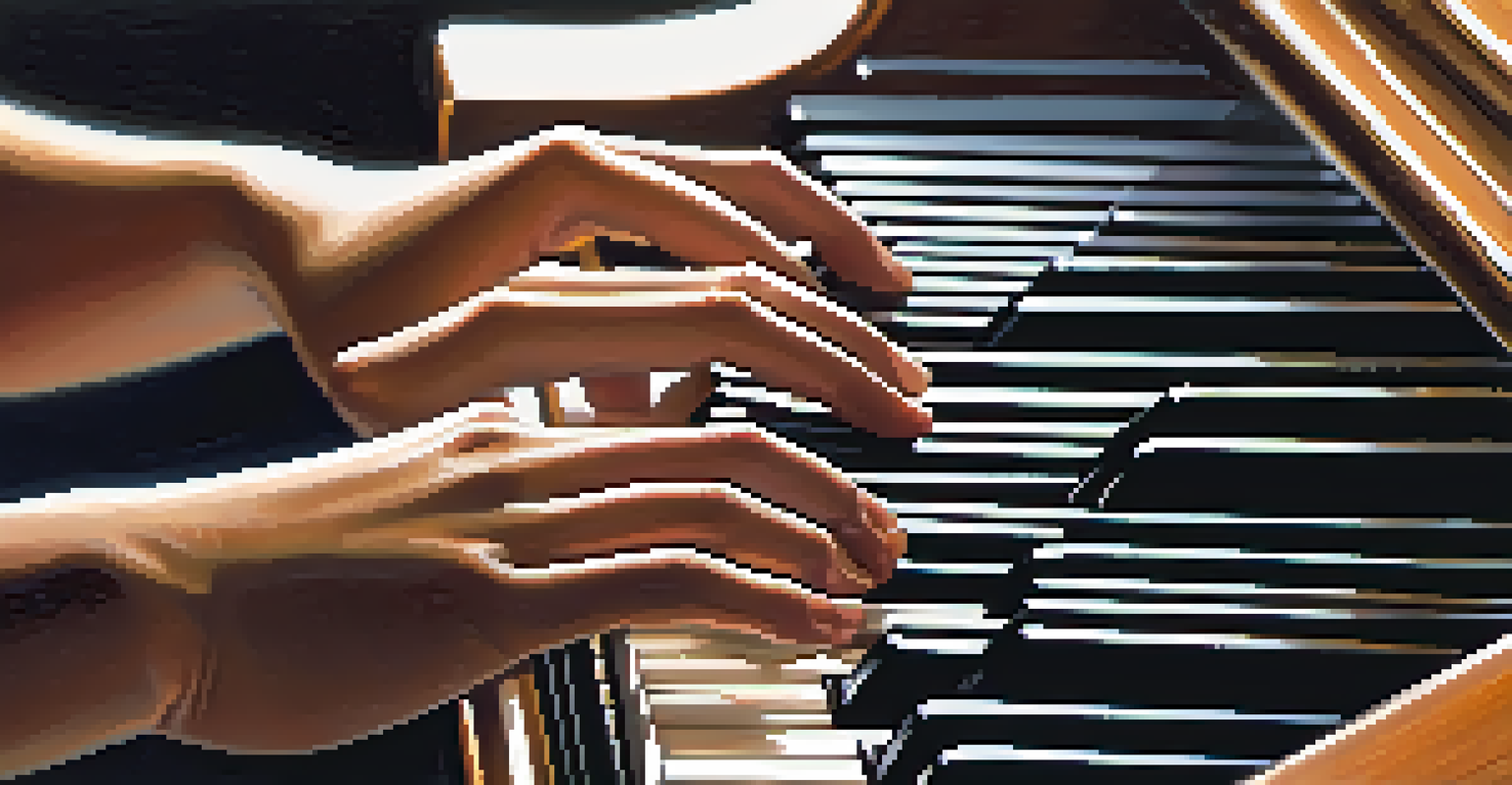 A student playing the piano, focused on the sheet music, highlighting their hands on the keys.