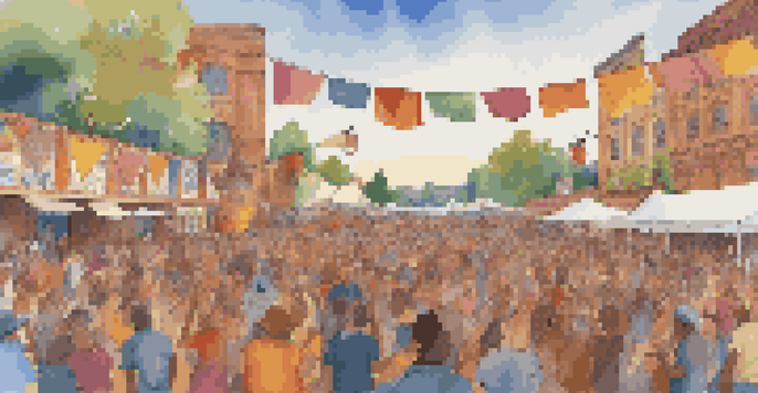 A lively folk music festival with diverse artists on stage and a colorful crowd enjoying the performance.