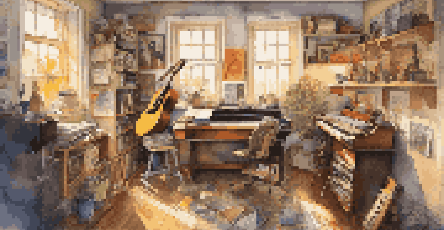 An artist's studio filled with instruments and sketches, showcasing a musician's creative space with sunlight streaming through the window.