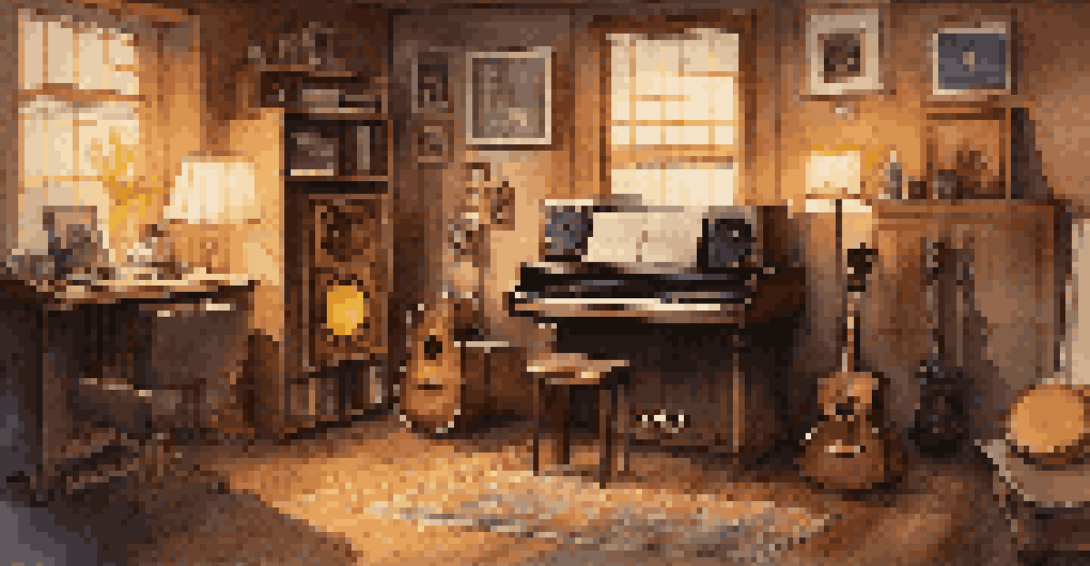 A vintage-inspired music studio with a guitar and vinyl records, bathed in warm lighting that highlights wooden textures and eclectic decor.