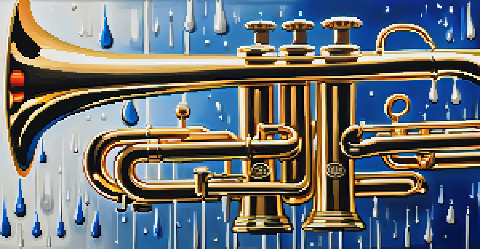 A close-up of a trumpet with water droplets, against a softly blurred warm-toned background, emphasizing its craftsmanship.