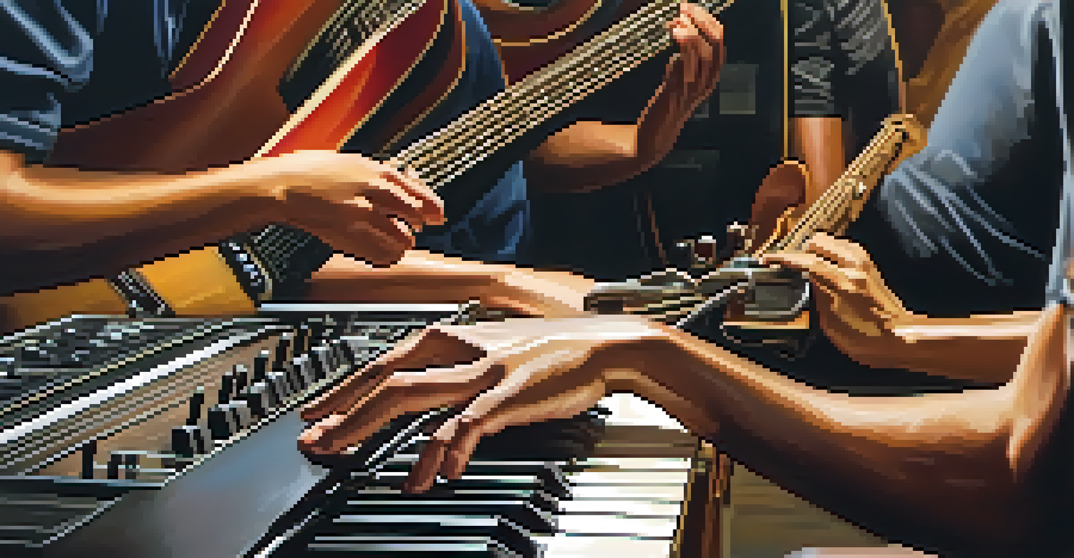 A close-up of hands playing different musical instruments, highlighting the collaboration and creativity of musicians in a studio.