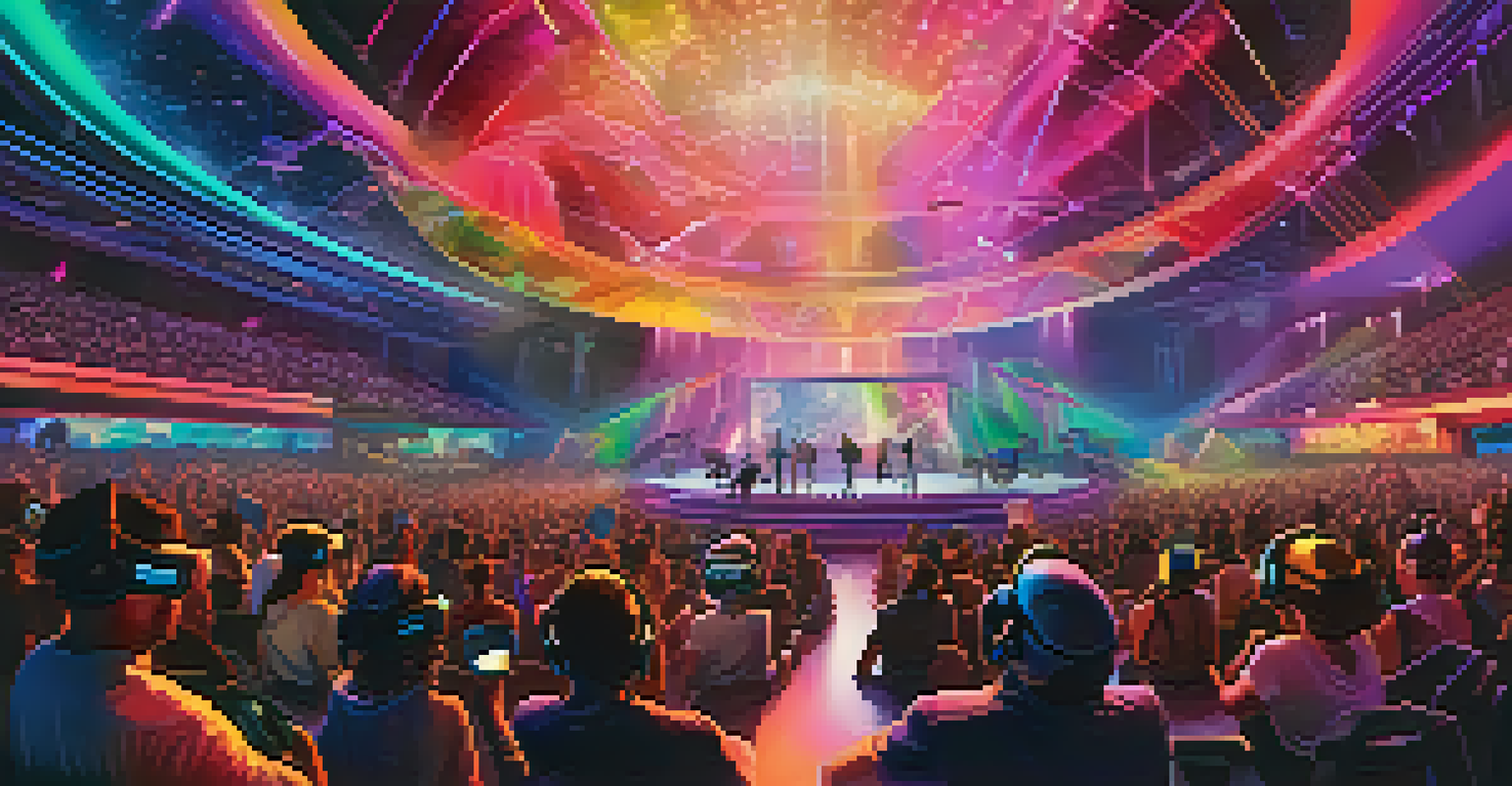 A futuristic concert scene with musicians and audience members wearing virtual reality headsets, surrounded by colorful holographic visuals.