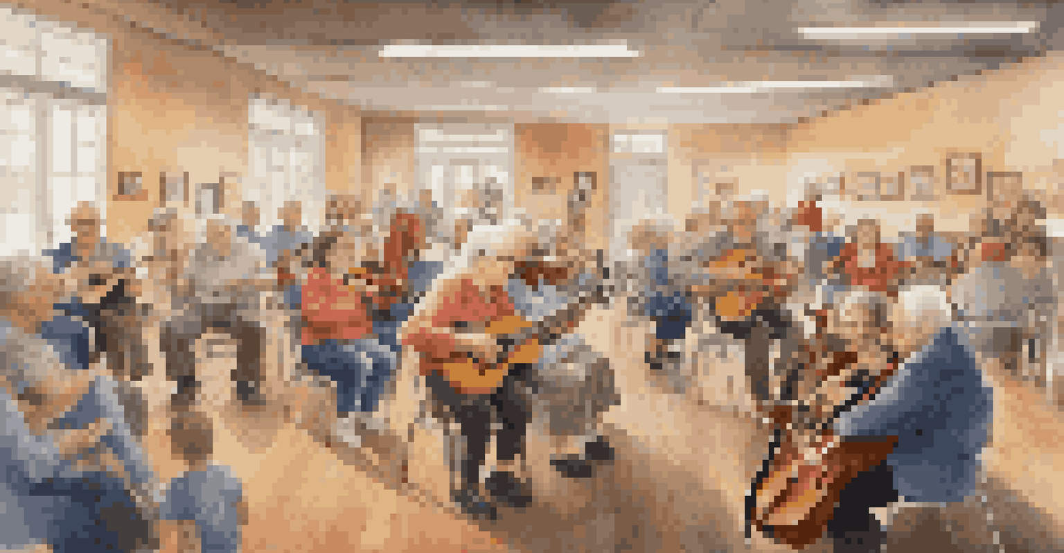 An intergenerational music night at a community center, with grandparents and grandchildren sharing music and stories in a nostalgic atmosphere.