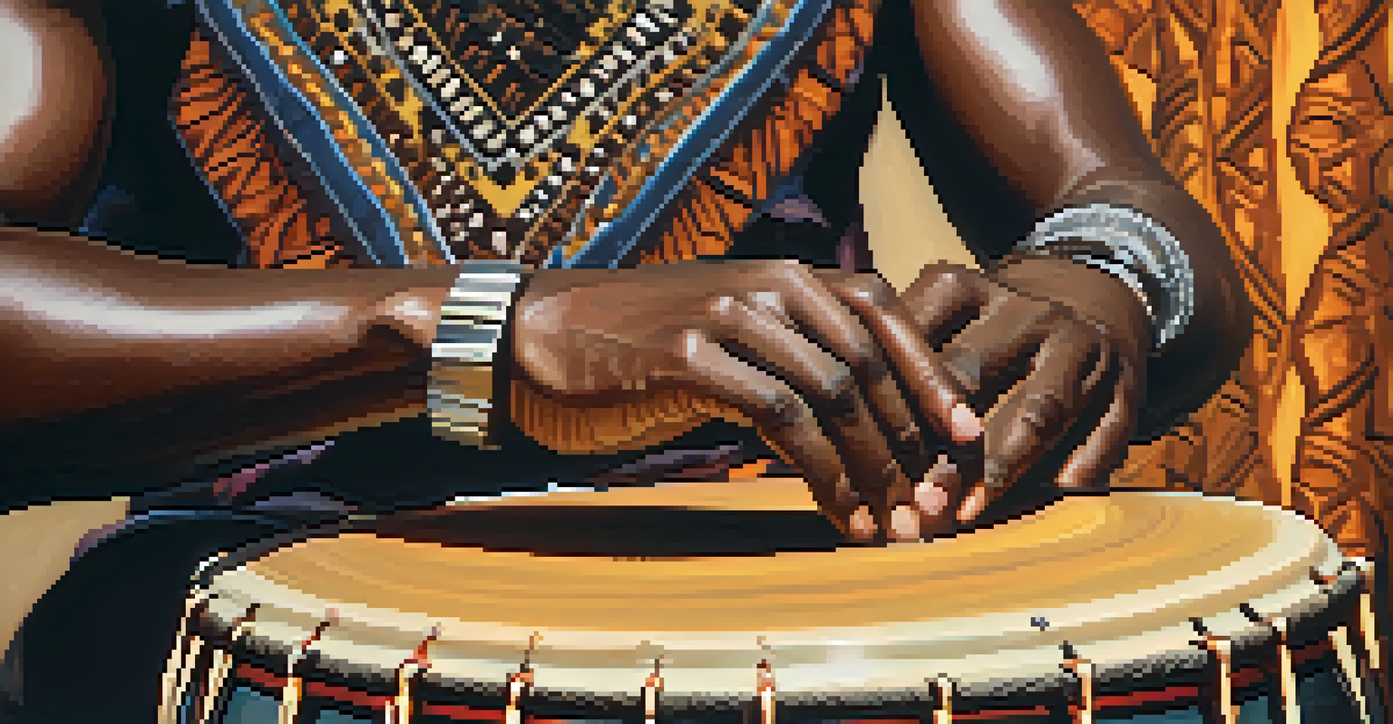 A close-up of a musician's hands playing a traditional African drum, highlighting intricate patterns and a blurred urban background.