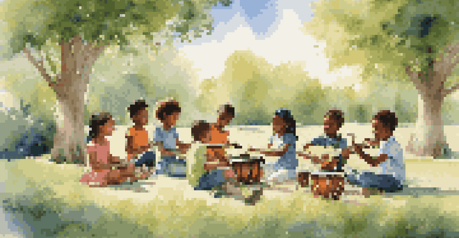 A group of children playing different musical instruments in a sunny outdoor setting, surrounded by nature.