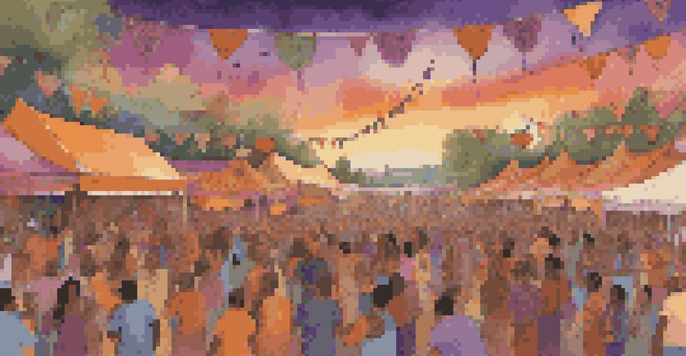 A multicultural music festival at sunset with musicians playing traditional instruments and an audience dancing joyfully.