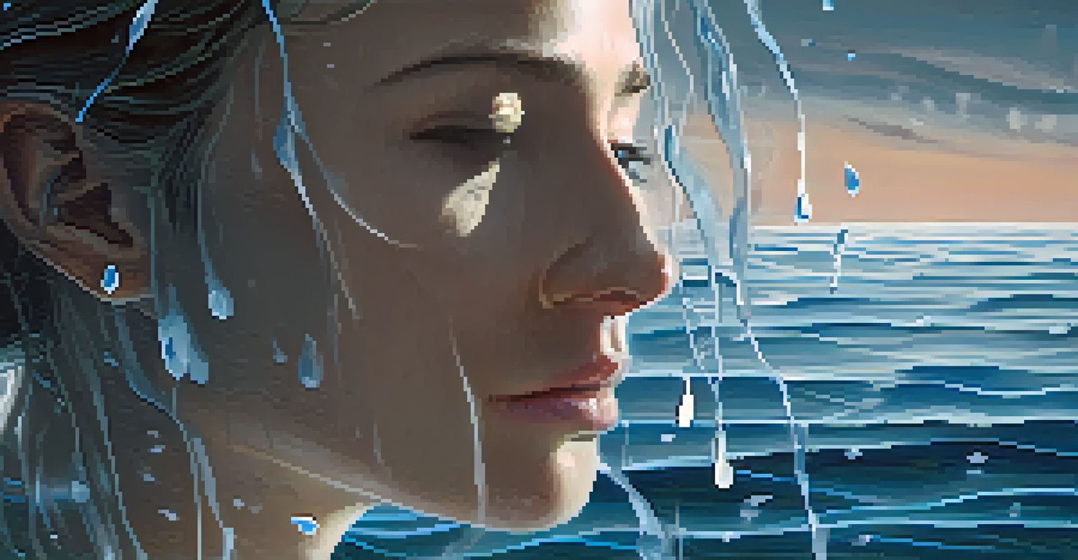 A close-up of a character in a film, showing emotion with tears, surrounded by swirling musical notes.