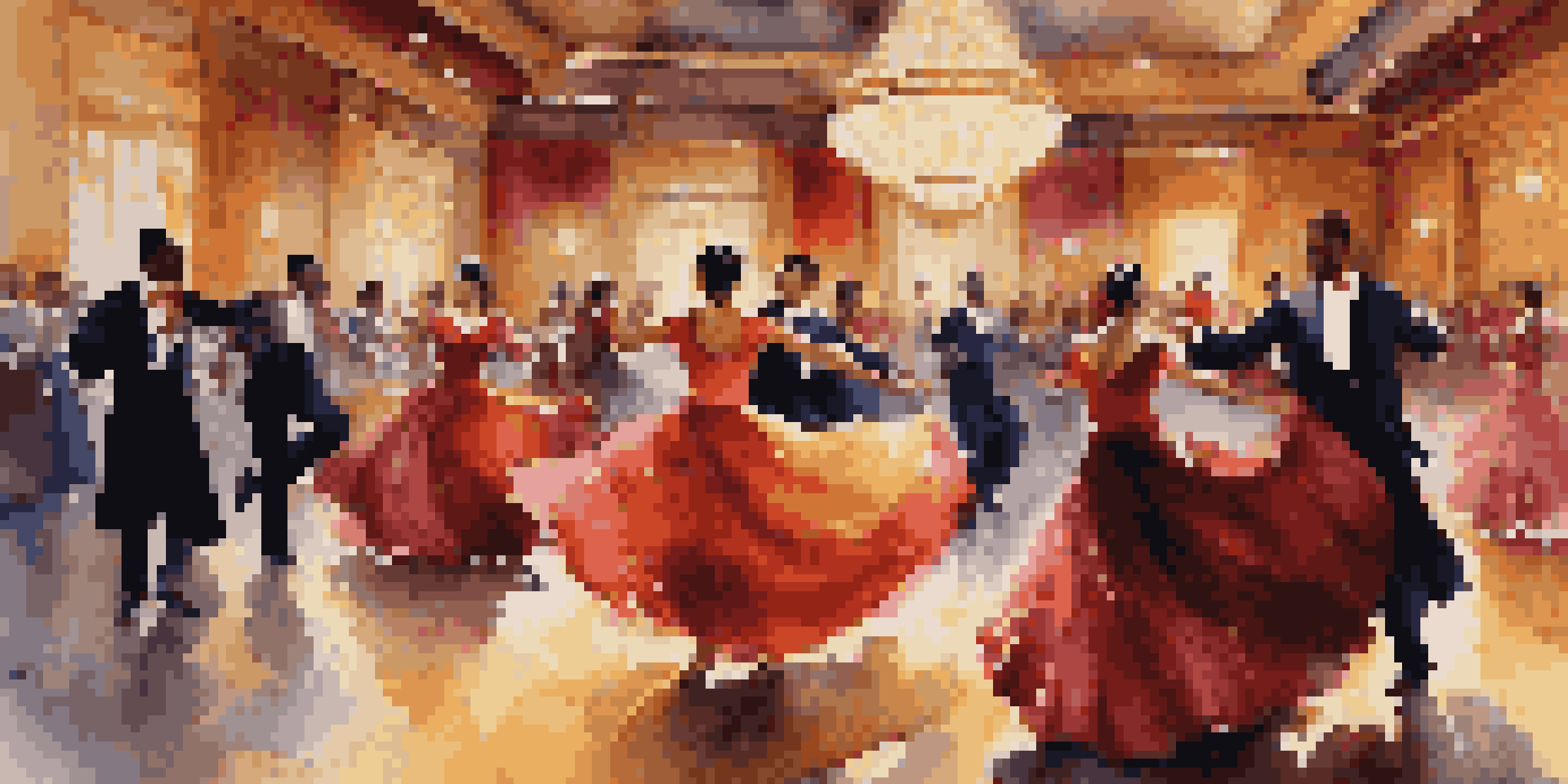 A ballroom scene with dancers in traditional attire, showcasing their graceful movements and colorful costumes under soft lighting.
