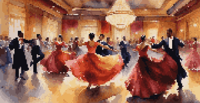 A ballroom scene with dancers in traditional attire, showcasing their graceful movements and colorful costumes under soft lighting.
