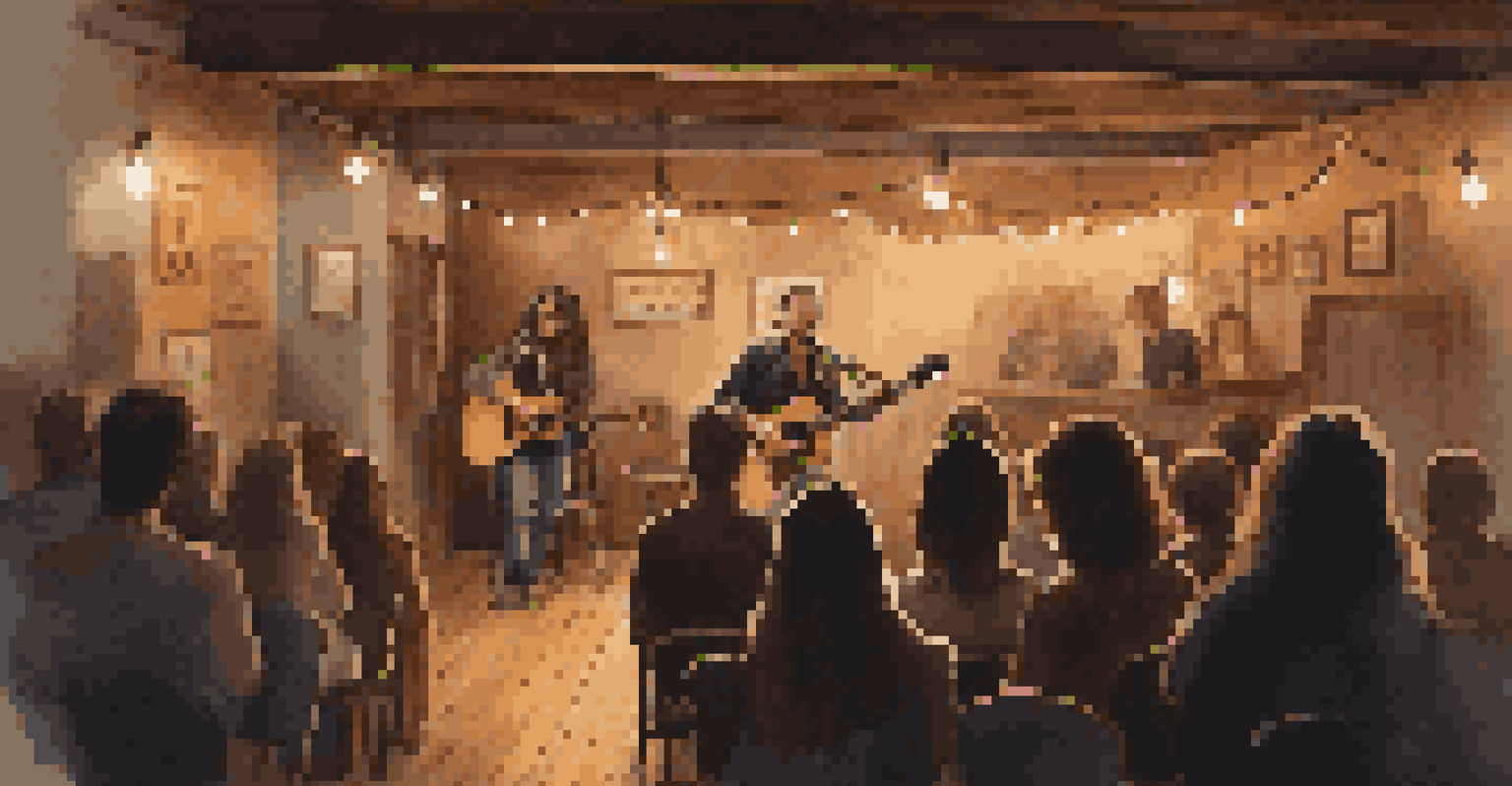 A cozy indoor music venue with a solo musician performing on stage while an engaged audience enjoys the intimate concert atmosphere.