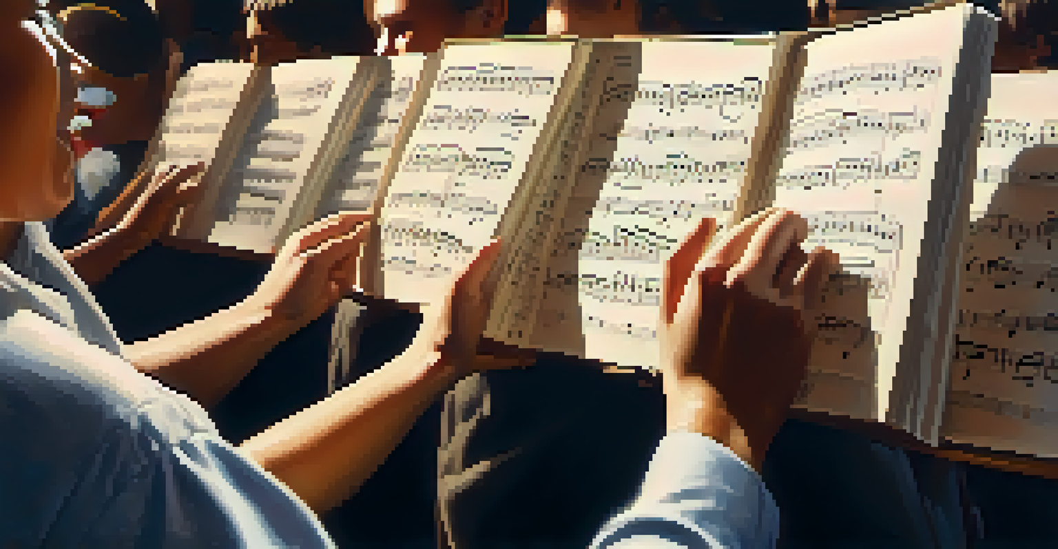 Close-up of hands holding sheet music with blurred choir members in the background, emphasizing the joy of singing together.