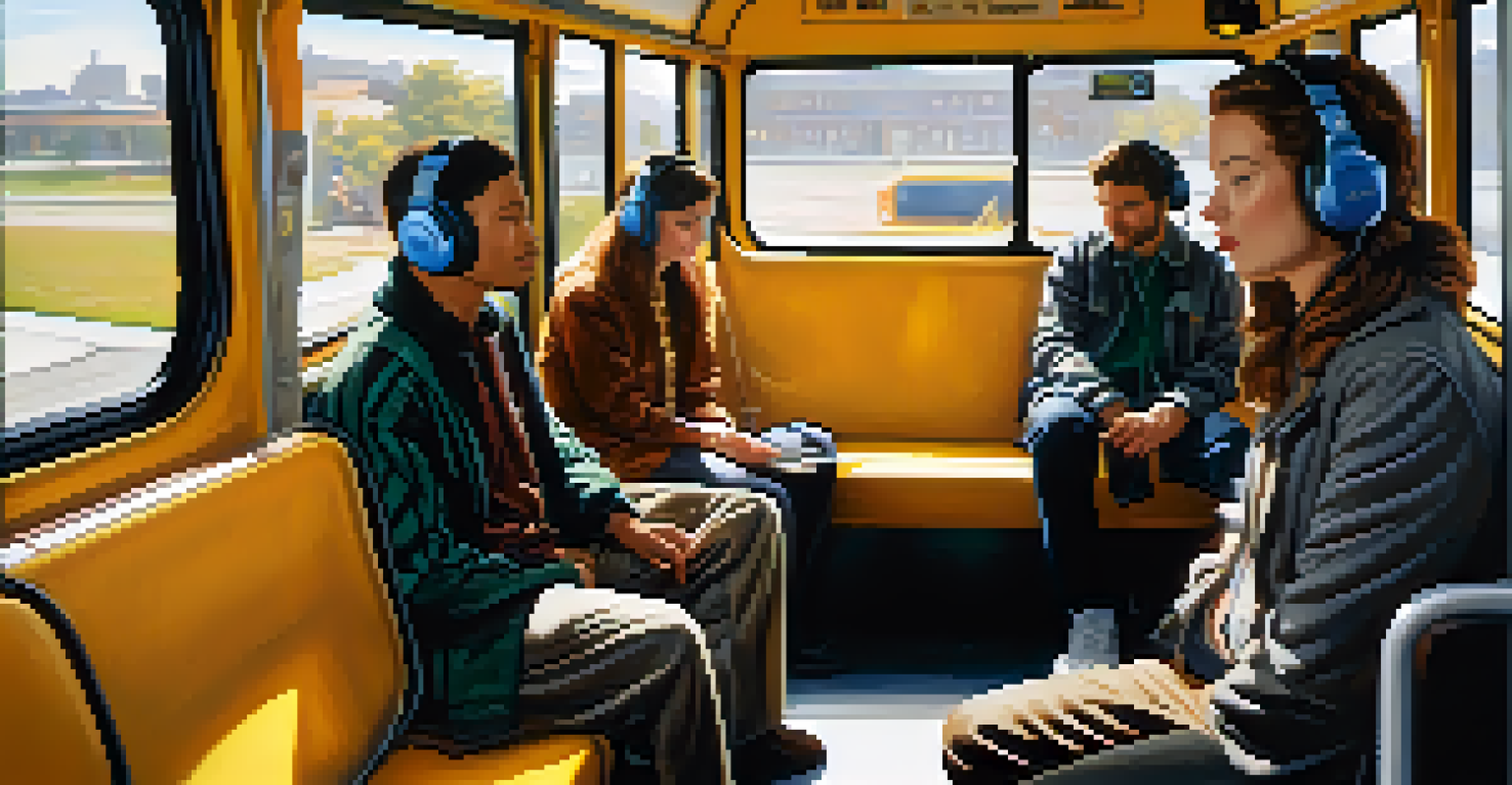 An interior view of a bus with passengers wearing headphones, soft sunlight filtering through windows, and a cozy atmosphere.