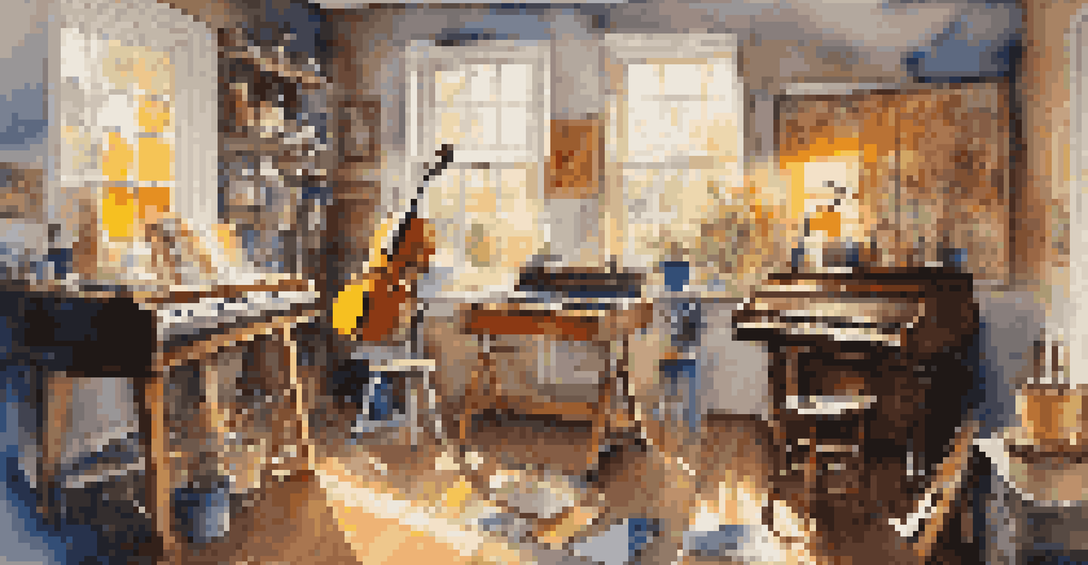 An artist's studio with musical instruments and colorful paintings, depicting the connection between music and art.