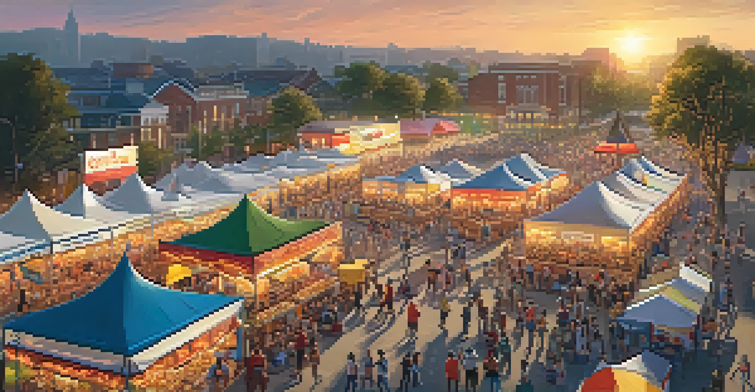 An aerial view of a community festival featuring food stalls, art booths, and a lively crowd under a colorful sunset sky.