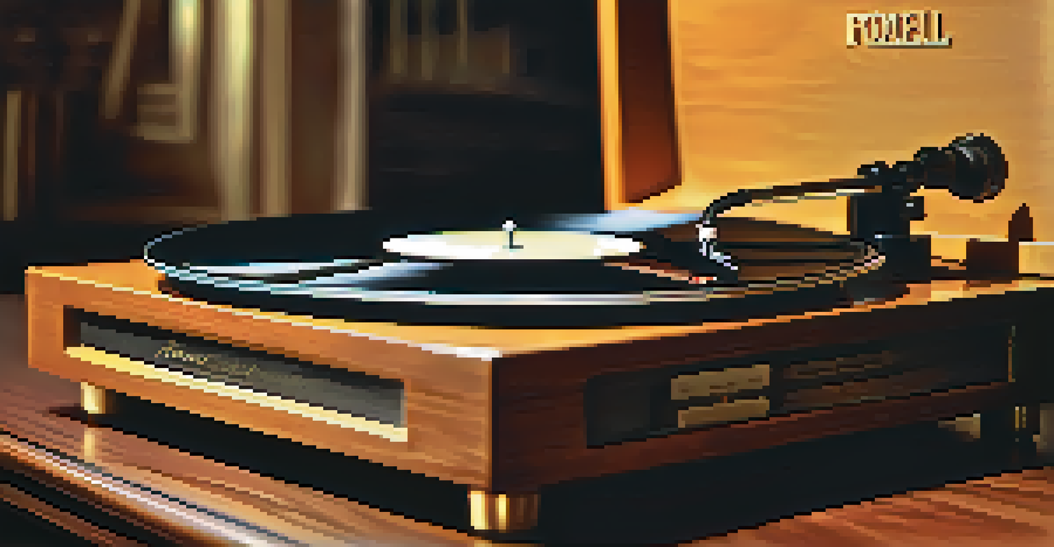 A close-up of a vintage vinyl record player with a needle on a spinning record, set in warm lighting, creating a nostalgic mood.