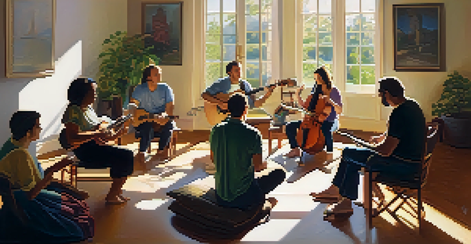 A group therapy session with participants sitting in a circle in a brightly lit room, sharing their experiences and surrounded by musical instruments.