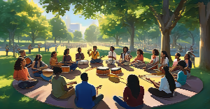 A diverse group of people in a circle playing instruments together in an outdoor workshop, surrounded by greenery and colorful decorations, with sunlight filtering through the trees.
