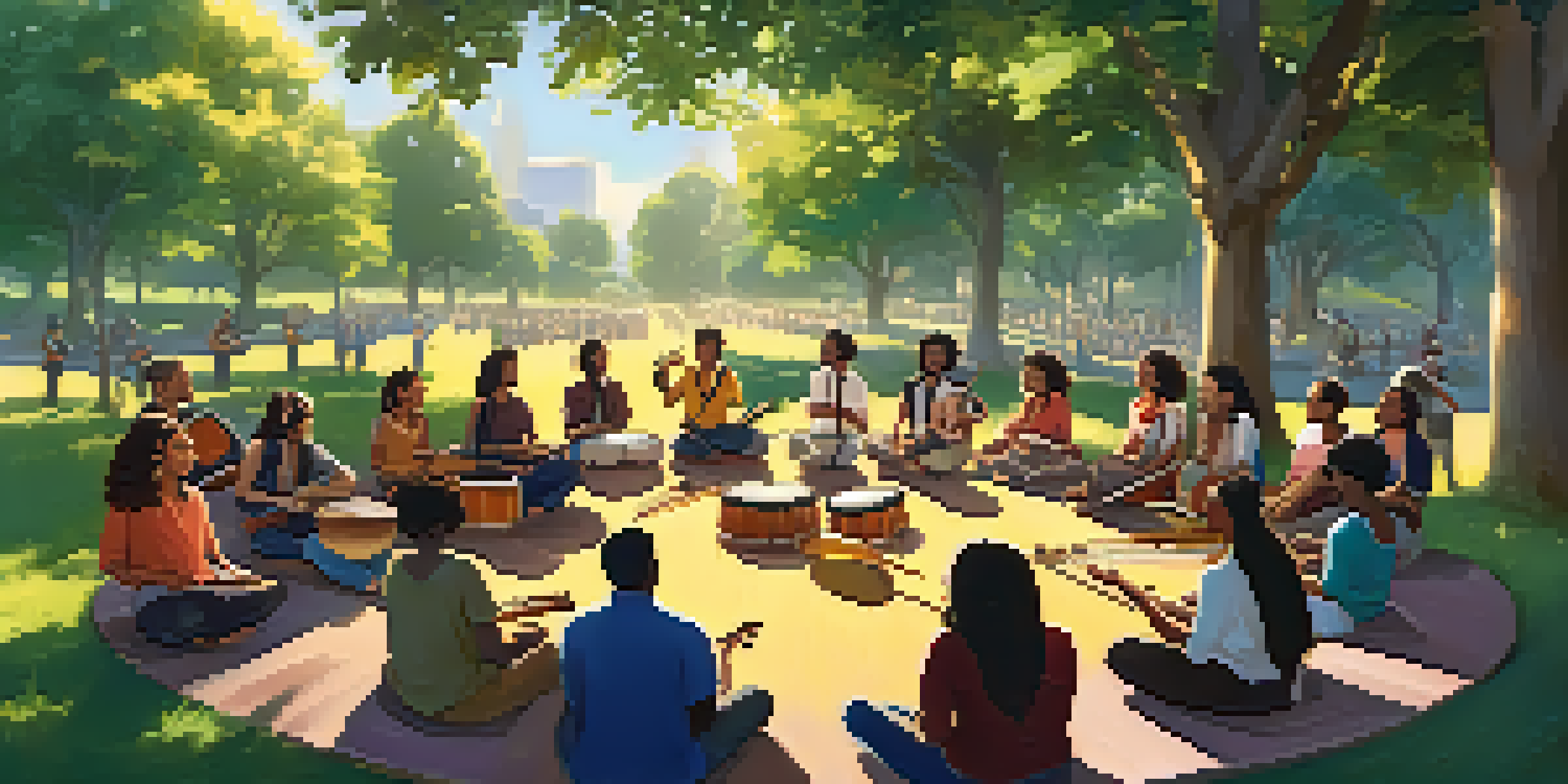 A diverse group of people in a circle playing instruments together in an outdoor workshop, surrounded by greenery and colorful decorations, with sunlight filtering through the trees.