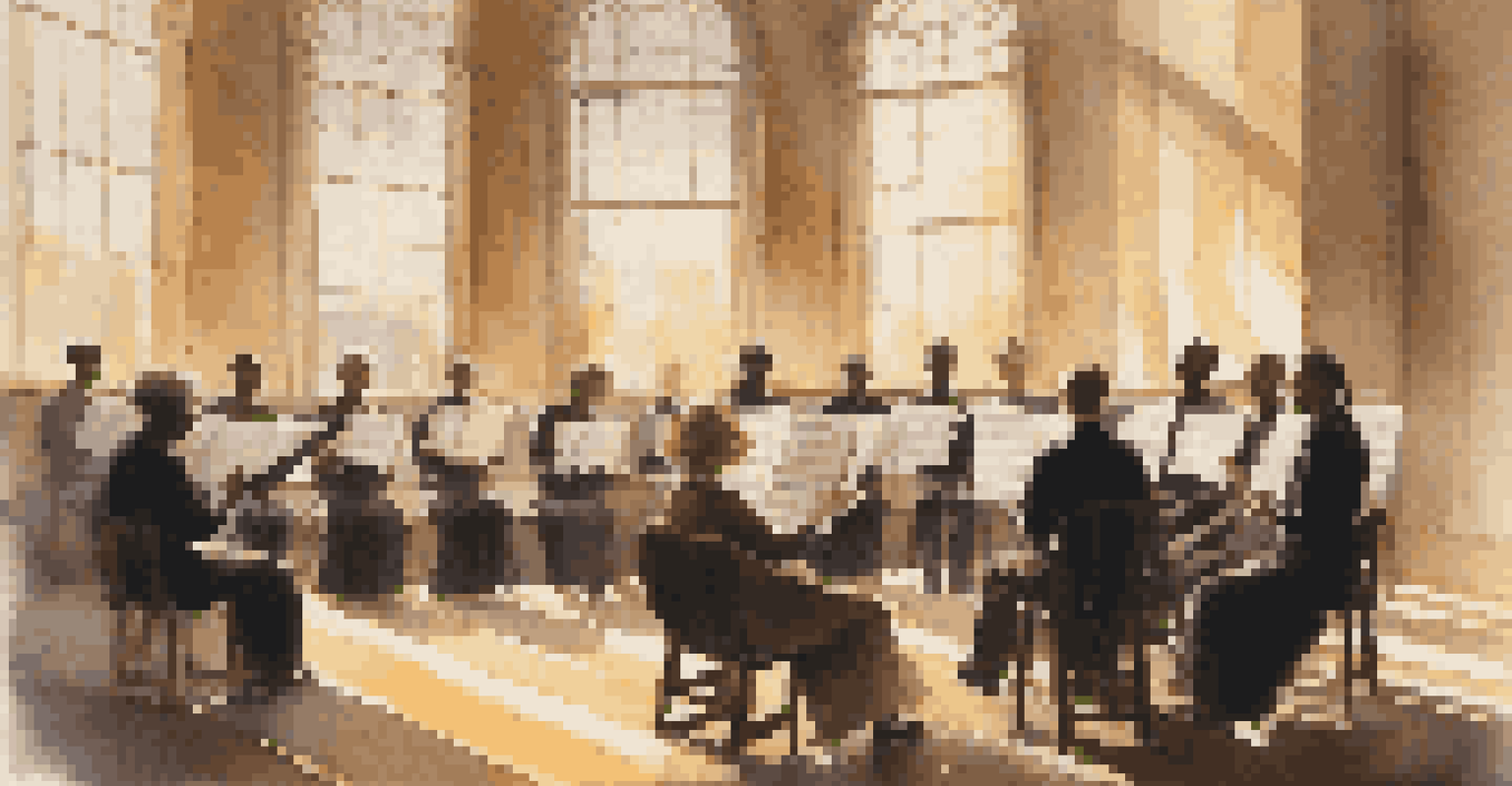 A serene choir practice in a sunlit room, with singers seated in a semi-circle, illuminated by sunlight streaming through large windows.