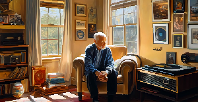 An elderly man in a cozy living room, listening to a vinyl record with joy, surrounded by family photographs and warm sunlight.