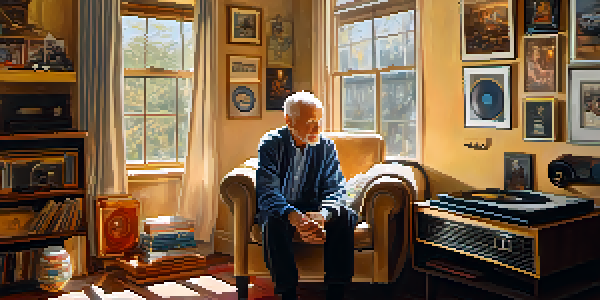 An elderly man in a cozy living room, listening to a vinyl record with joy, surrounded by family photographs and warm sunlight.