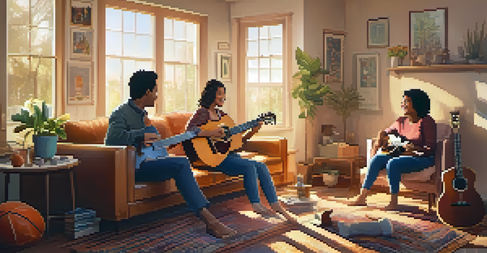 A diverse family sitting together in a cozy living room, singing around a guitar with warm sunlight streaming in.