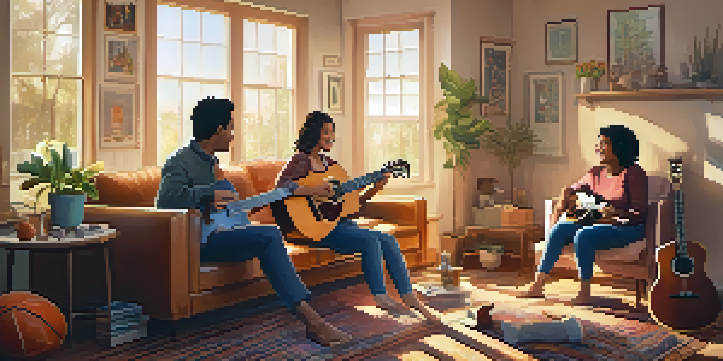A diverse family sitting together in a cozy living room, singing around a guitar with warm sunlight streaming in.