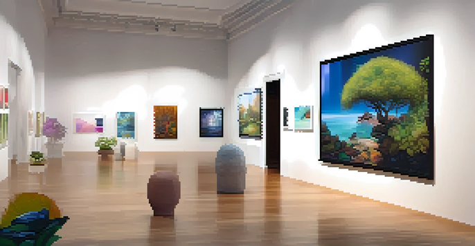 A colorful virtual art gallery with themed rooms displaying digital artworks in a 3D space.