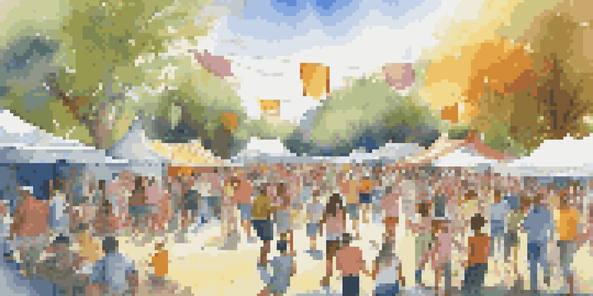 A lively community music festival in a park with diverse people dancing and enjoying performances, surrounded by colorful banners and food stalls.