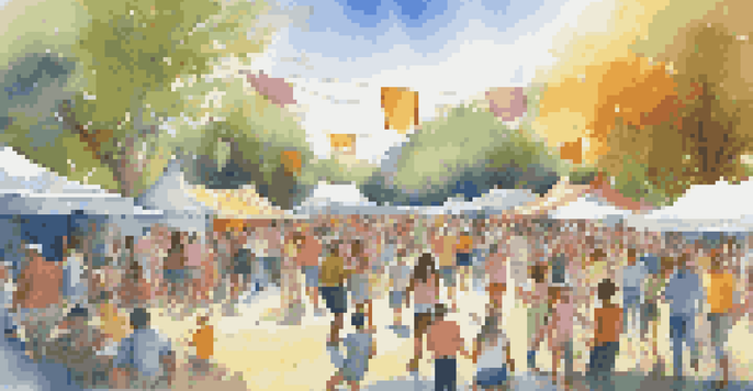 A lively community music festival in a park with diverse people dancing and enjoying performances, surrounded by colorful banners and food stalls.