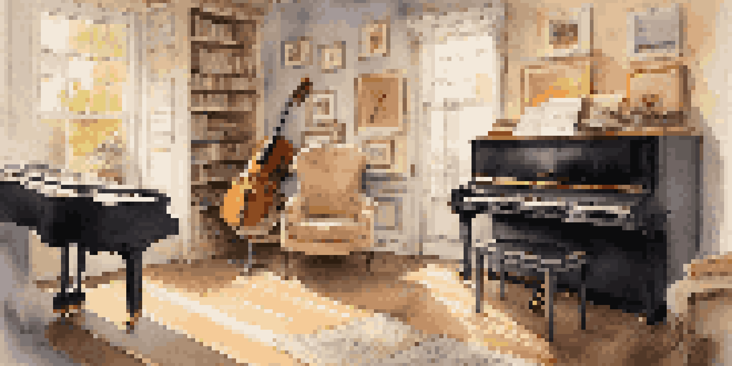 A cozy music studio featuring a grand piano, sheet music, and a guitar, illuminated by warm light coming from a window.