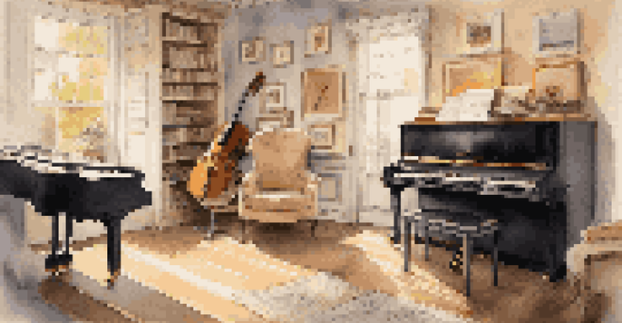 A cozy music studio featuring a grand piano, sheet music, and a guitar, illuminated by warm light coming from a window.
