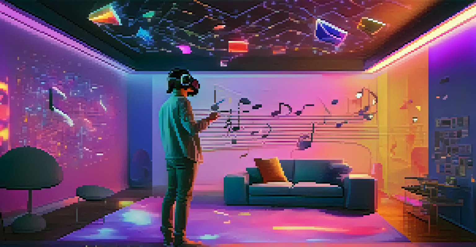 A person in a modern room wearing VR goggles, surrounded by floating musical notes and colorful visualizations, showcasing an immersive musical experience.