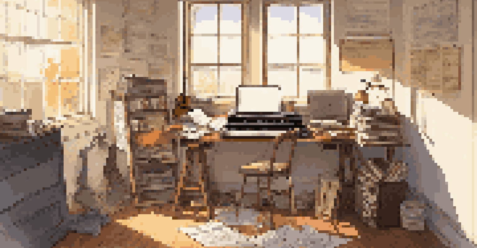A musician's workspace with music sheets, a laptop, and an acoustic guitar in a sunlit room.