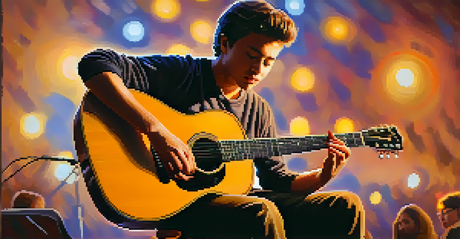 A close-up of a young musician playing an acoustic guitar, with visible handwritten lyrics about activism and an engaged audience in the background.