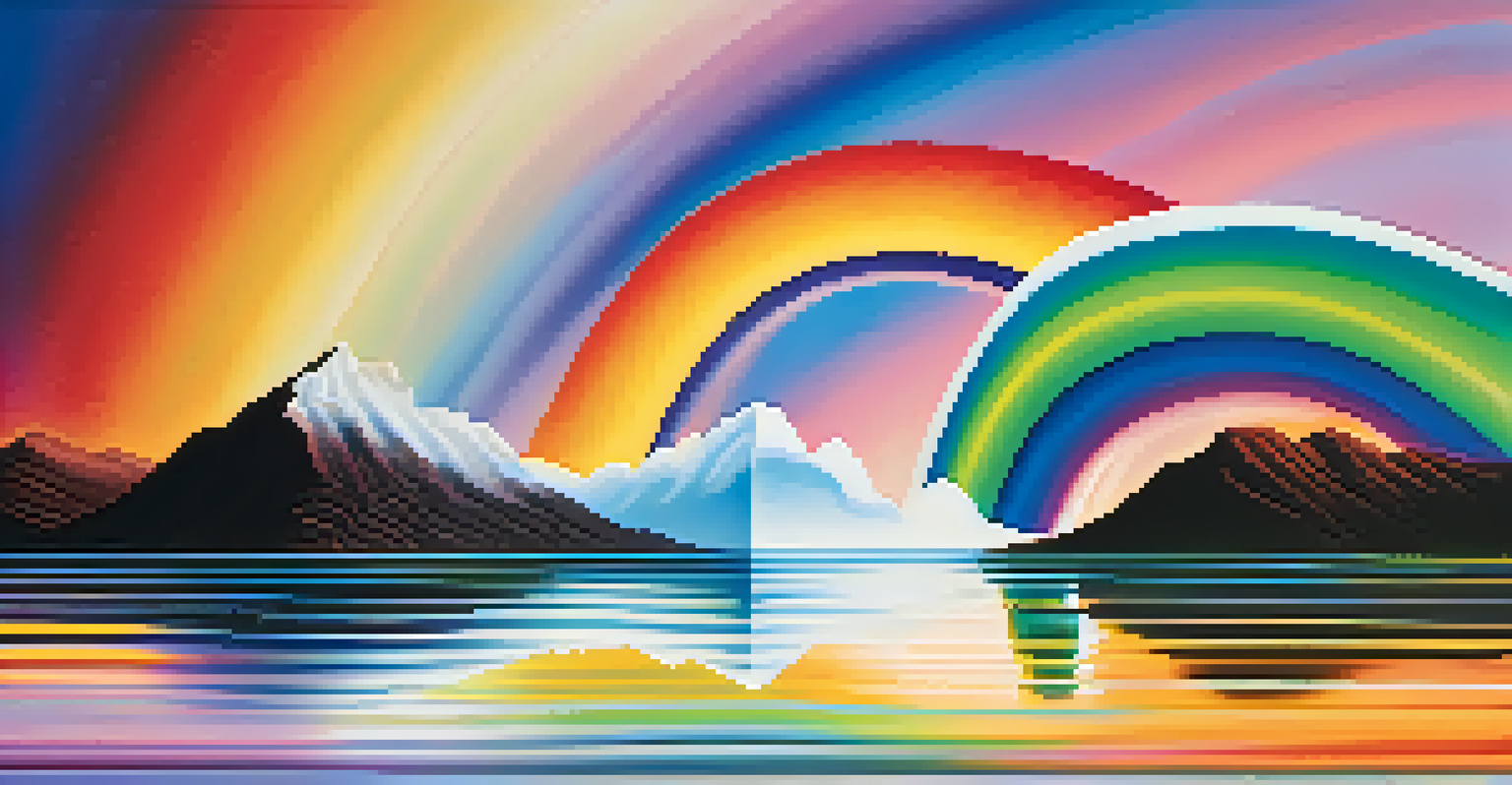 Colorful sound waves in varying frequencies traveling through the air, set against a serene landscape with soft clouds.