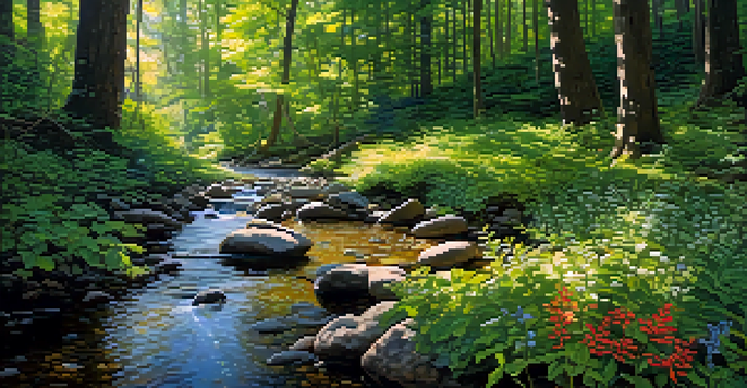 A tranquil forest scene with sunlight filtering through the trees and a clear stream flowing over stones.