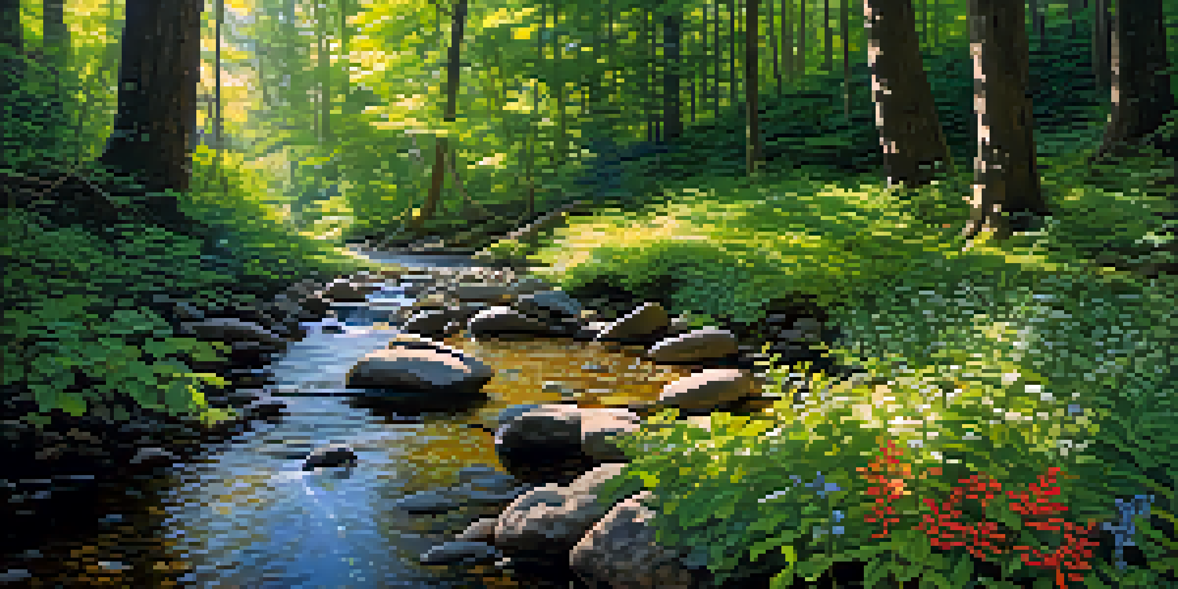 A tranquil forest scene with sunlight filtering through the trees and a clear stream flowing over stones.