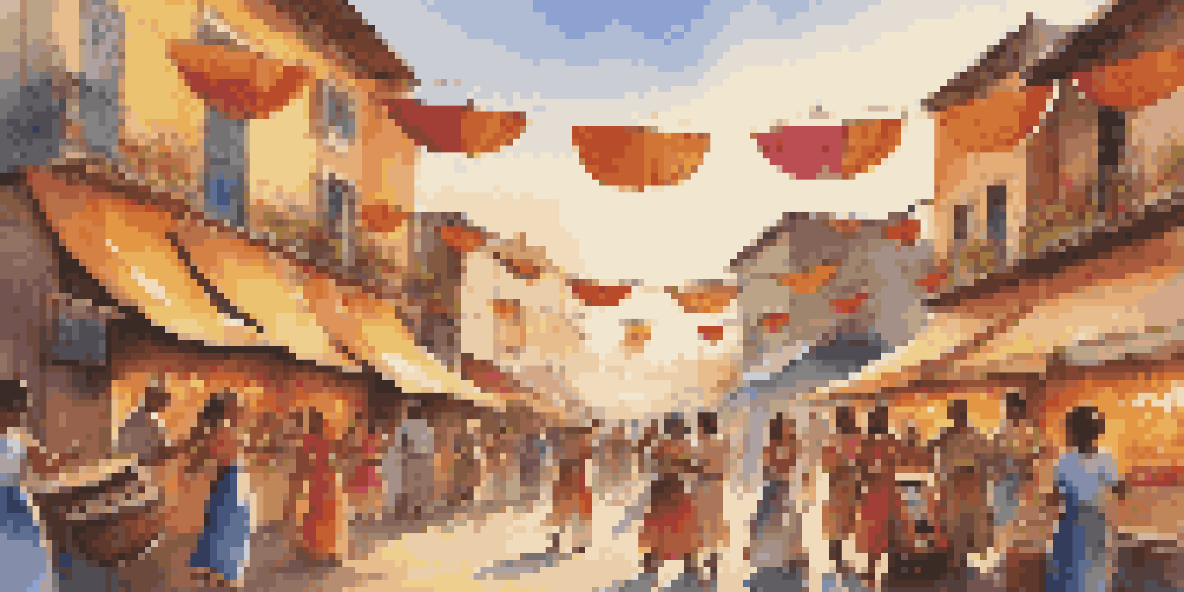 A lively street festival with musicians, colorful decorations, and people dancing, illuminated by the warm glow of the setting sun.