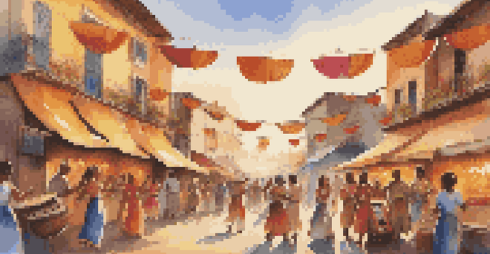 A lively street festival with musicians, colorful decorations, and people dancing, illuminated by the warm glow of the setting sun.