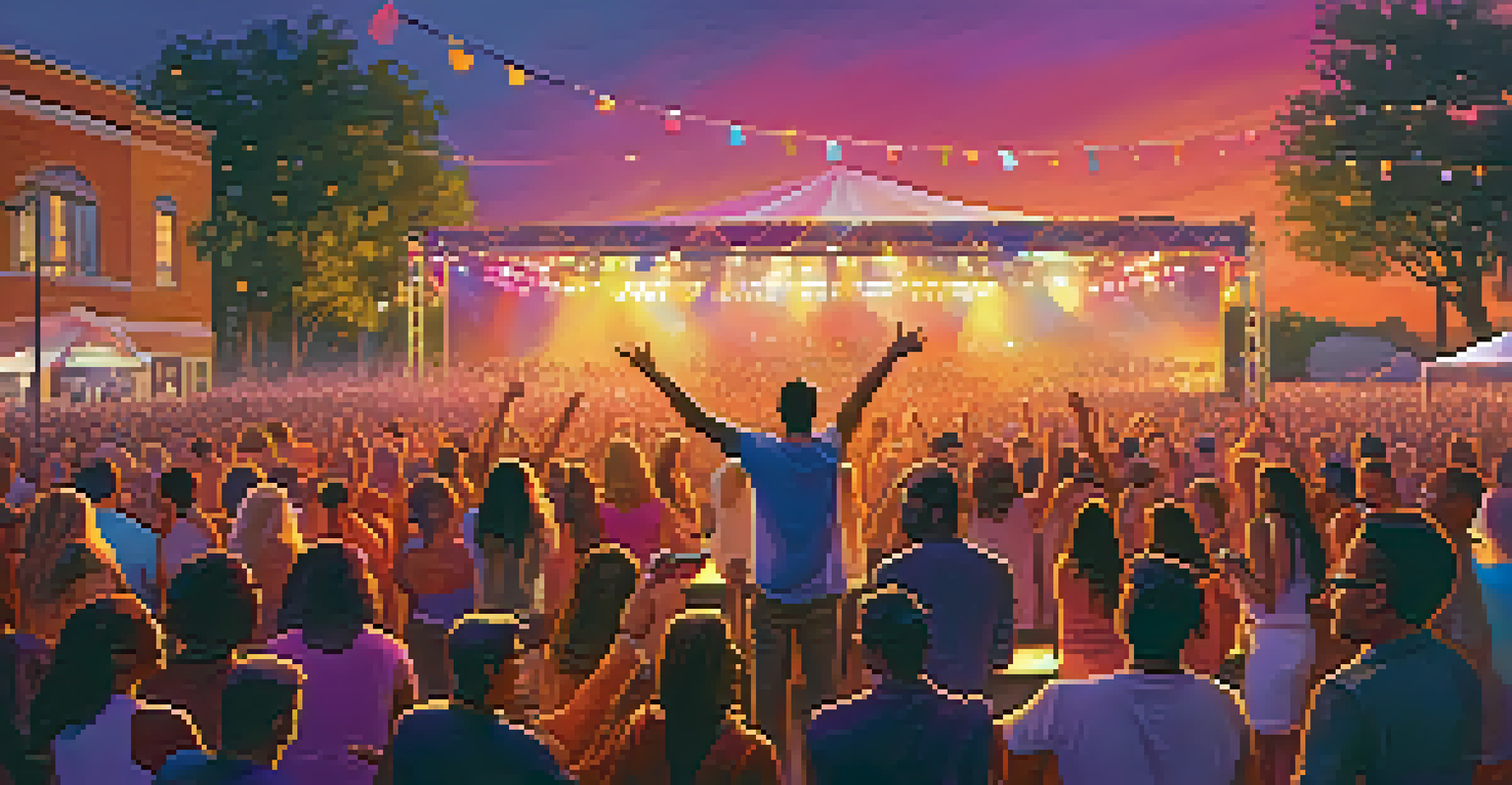 A vibrant outdoor concert at sunset with a diverse crowd enjoying live music and colorful stage lights.