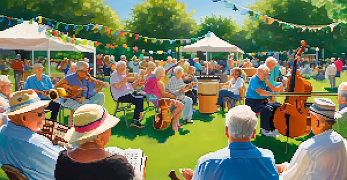 Seniors enjoying a lively outdoor music event, dancing and listening to musicians under sunlight with colorful decorations.