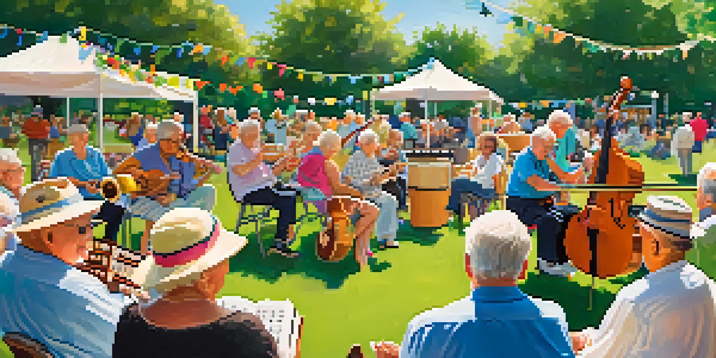 Seniors enjoying a lively outdoor music event, dancing and listening to musicians under sunlight with colorful decorations.