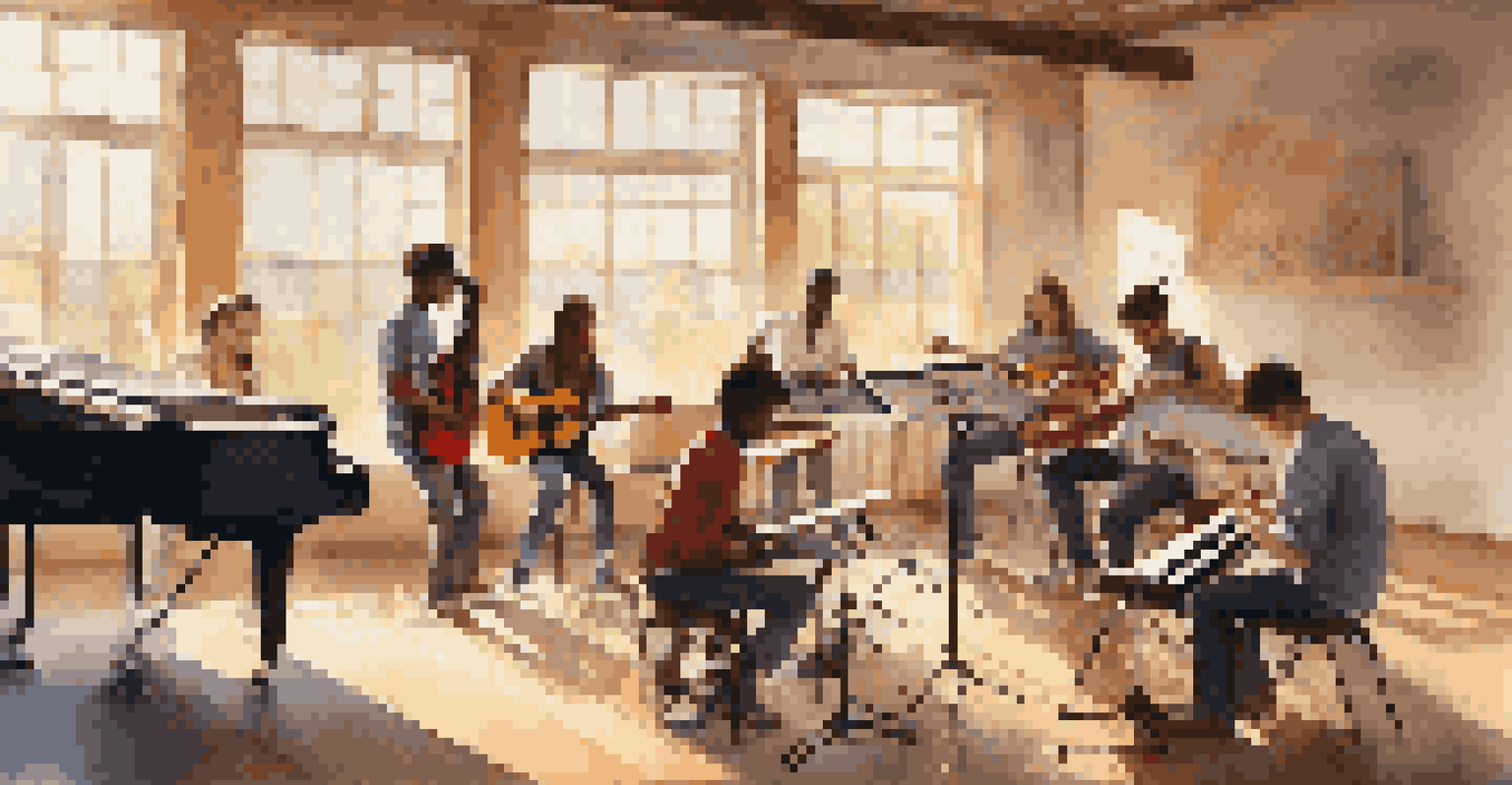 A group of young musicians practicing in a sunlit community center, surrounded by various musical instruments.