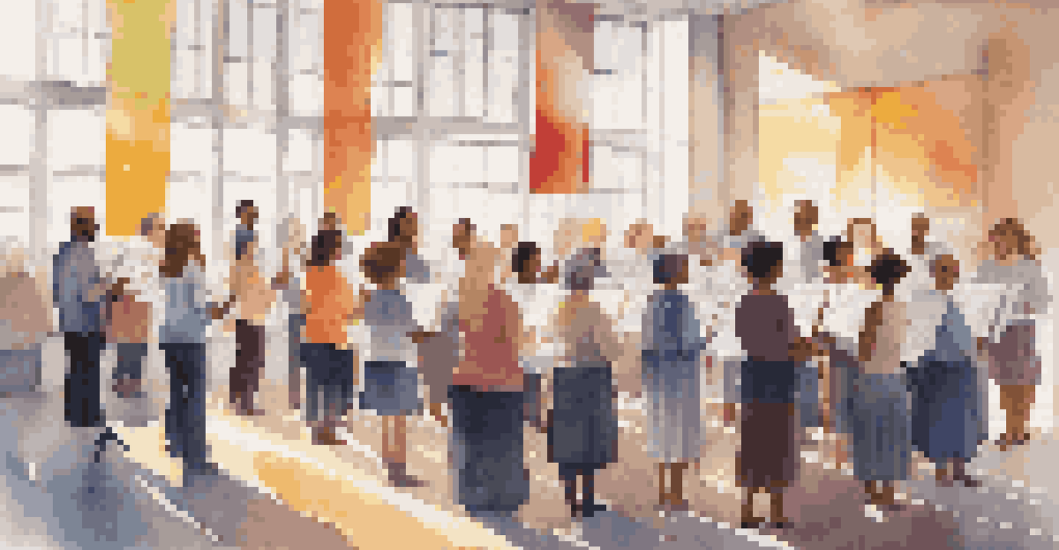 A diverse choir practicing in a bright space, showing singers of various ages and backgrounds with sheet music and colorful banners.