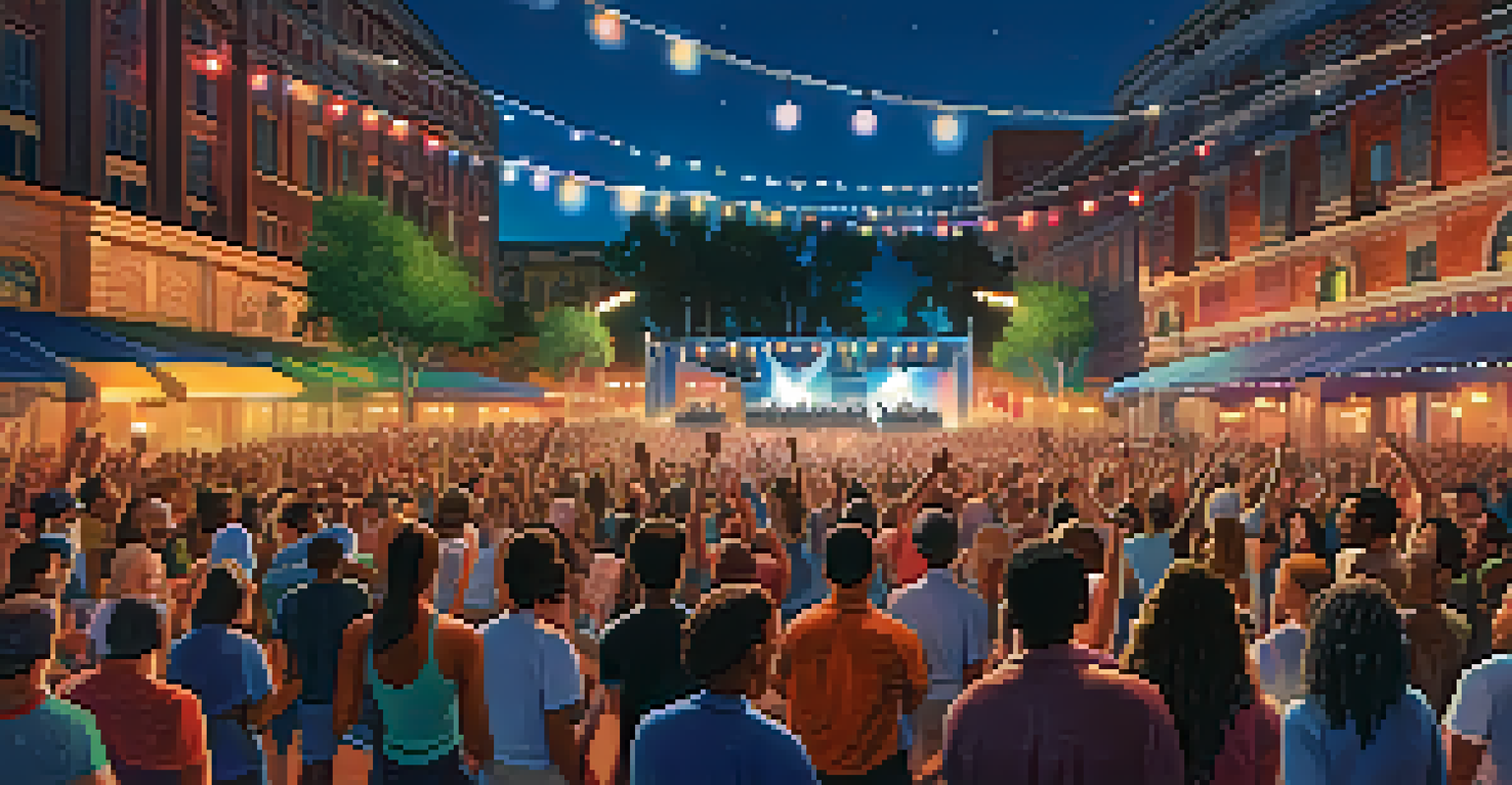 A lively outdoor concert scene with a diverse crowd enjoying music, dancing, and smiling under colorful stage lights.