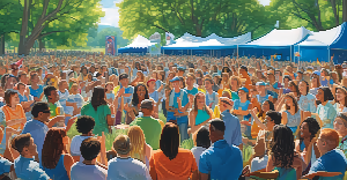 A lively outdoor concert with a diverse crowd singing together, surrounded by trees and vibrant banners about sustainability.