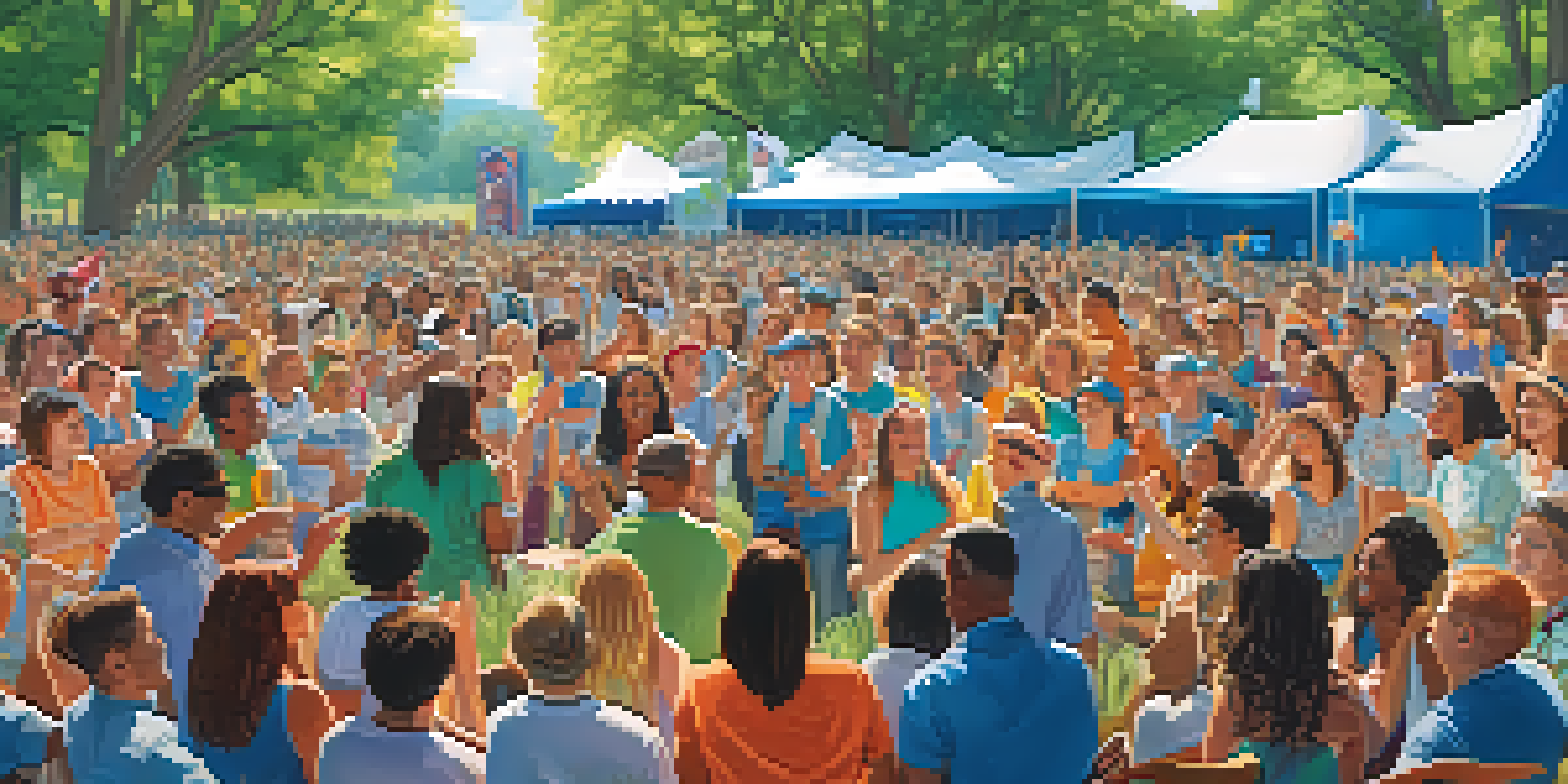 A lively outdoor concert with a diverse crowd singing together, surrounded by trees and vibrant banners about sustainability.