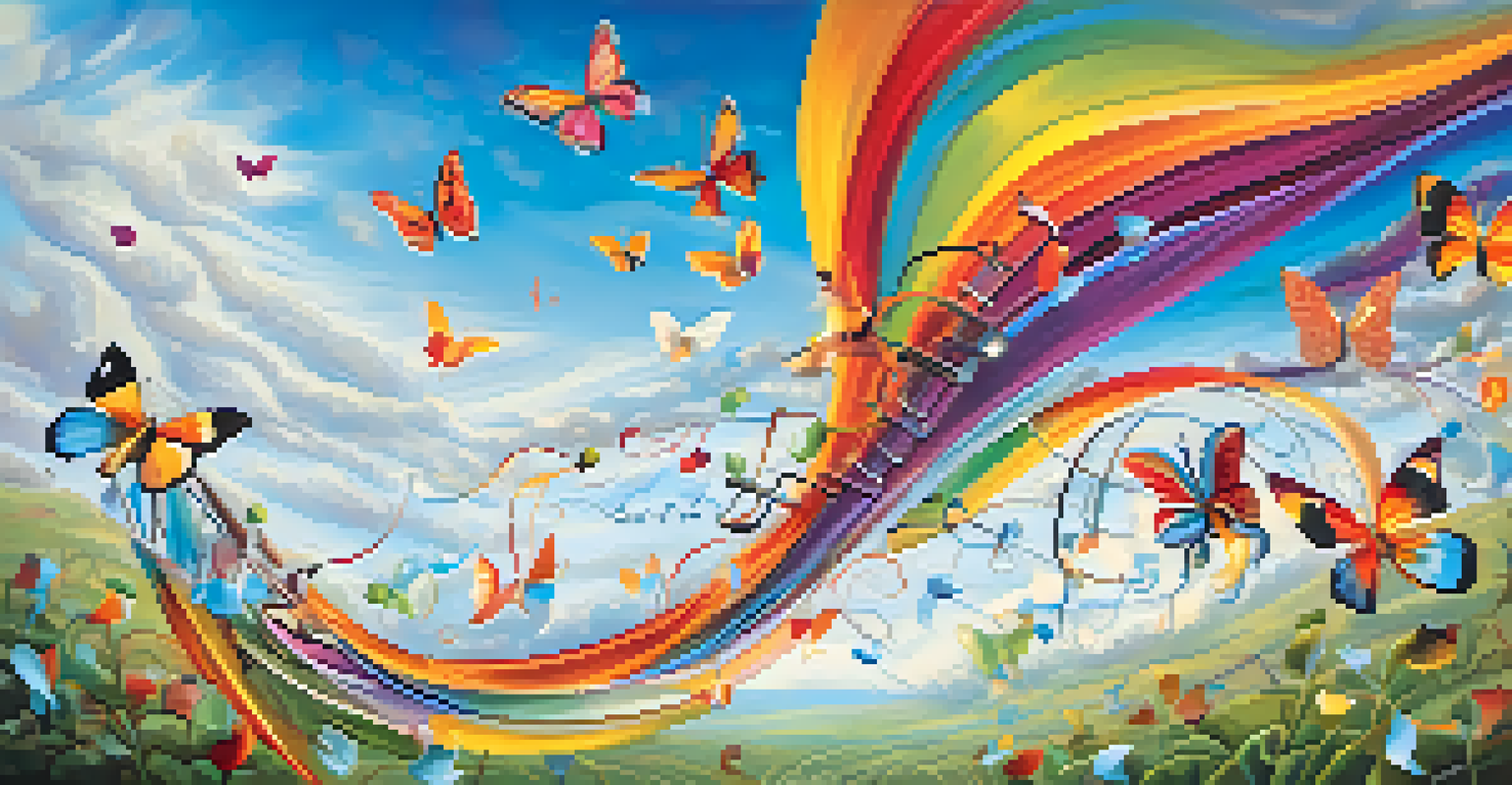 Musical notes transforming into colorful butterflies in a dreamy landscape.